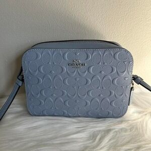 Coach Mini Camera Bag Signature Embossed Leather Twilight Blue C5897 Crossbody